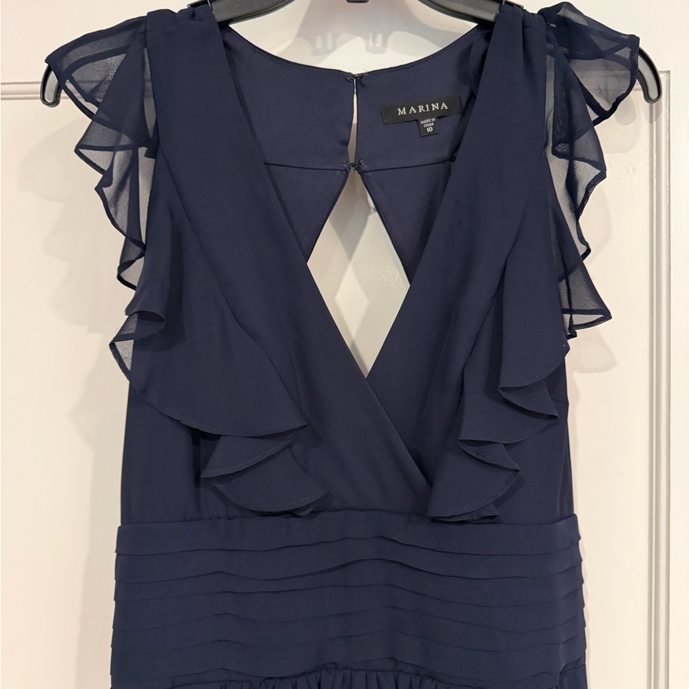 Marina Navy Ruffled V-Neck Women’s full length gown